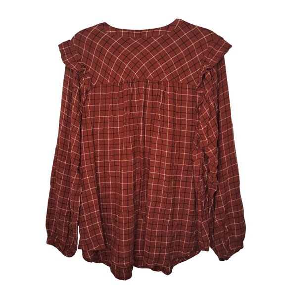 Torrid Rust Red Windowpane Plaid Crinkle Gauze Split Neck Ruffle Top Plus Size 2 - Picture 2 of 6